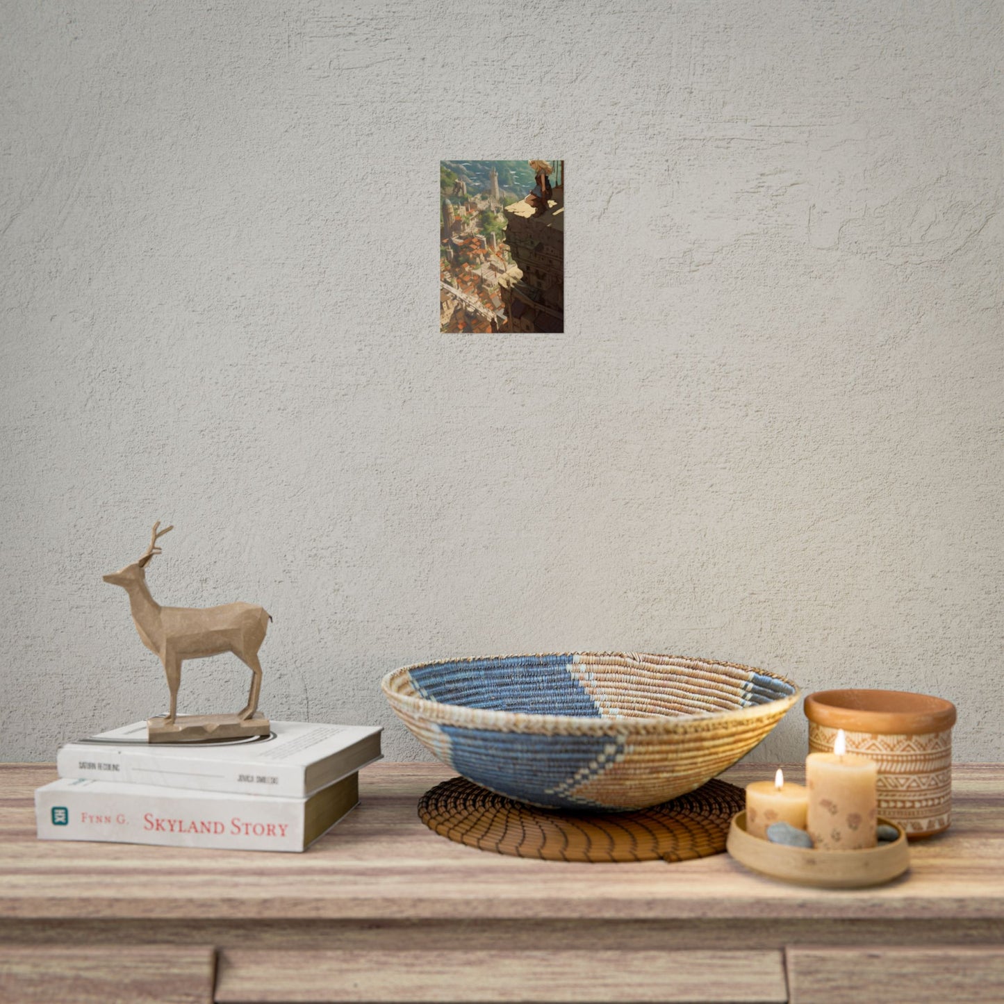 Dramatic Anime Bird's Eye View: Blonde Female in Action with Flying Birds - Poster