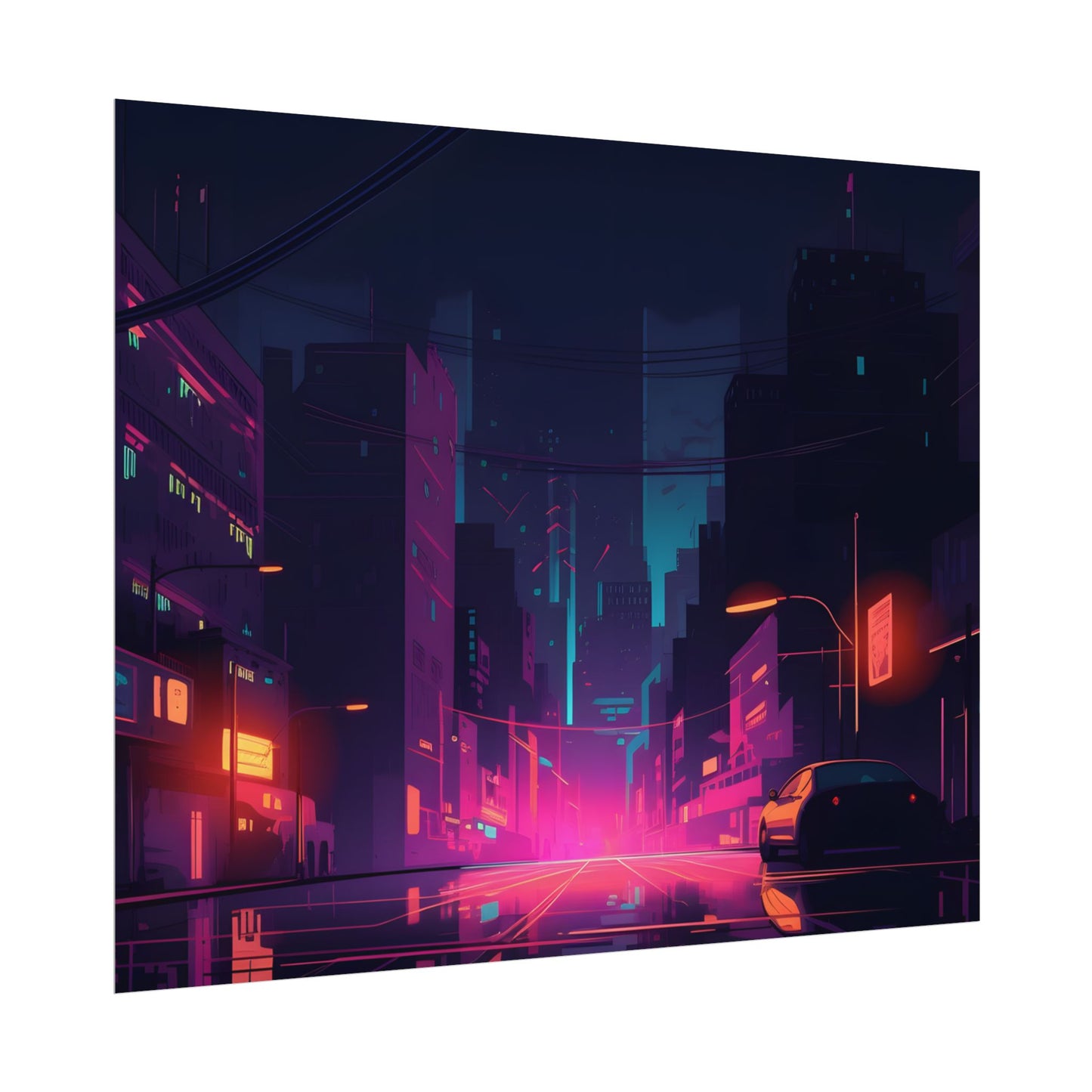 Cyberpunk Night: Moody Cityscape with Unique Architecture - Poster