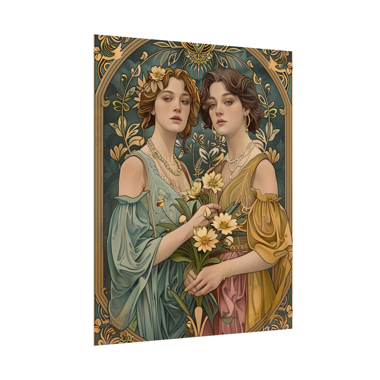 Two Women in Ornate Attire Holding Primr: Traditional Turkish Artwork - Poster
