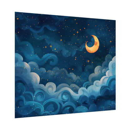 Surreal Night Sky Dreamscape: Whimsical Stars and Clouds Art - Poster