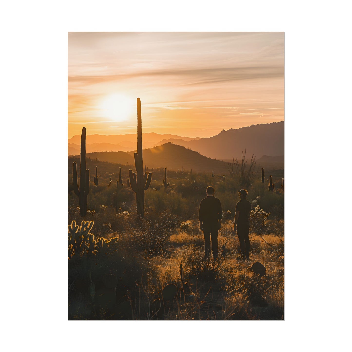 Desert Sunset Serenity: Two Friends Standing Together - Poster