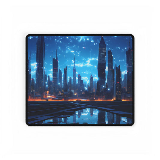 Cyberpunk Night: Quiet Cityscape Digital Art - Desk Mat