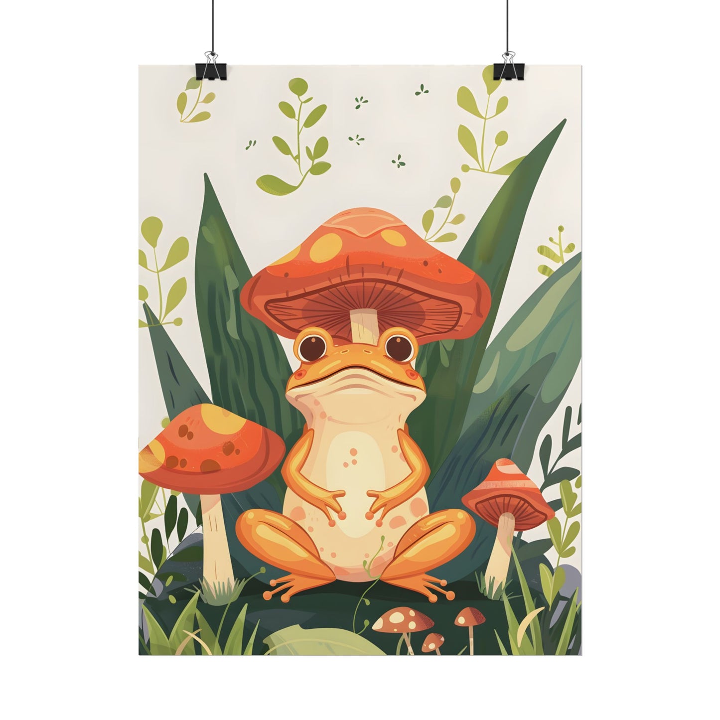 Retro Whimsy: Frog & Mushrooms in Close-Up Charm - Poster