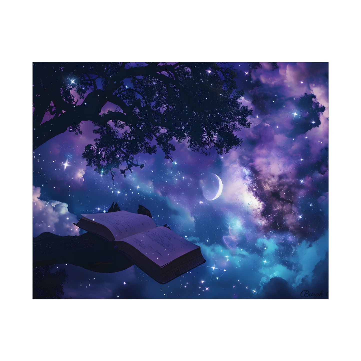 Mystical Night Sky: Celestial Dreams with Crescent Moon Art - Poster