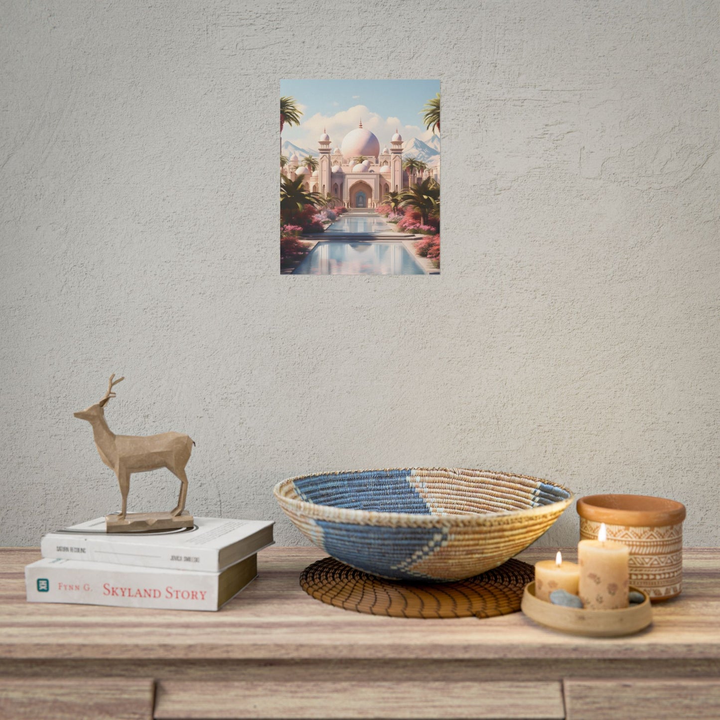 Serene Arabian Desert Oasis: Camels in a Palm Tree Landscape - Poster