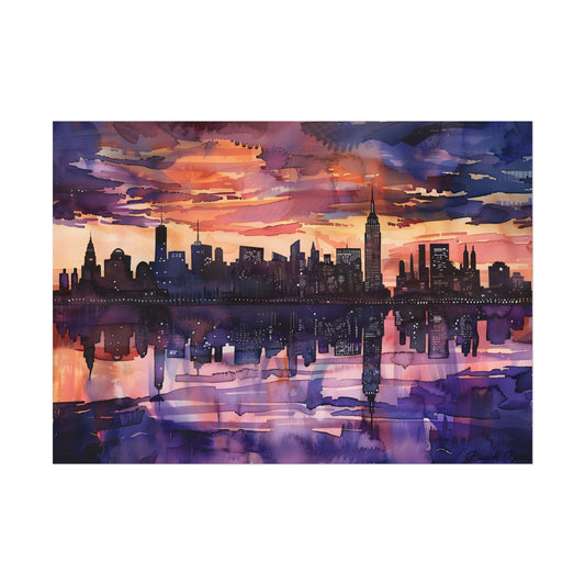 Vibrant Watercolor NYC Sunset: Dynamic Skyline Art - Poster