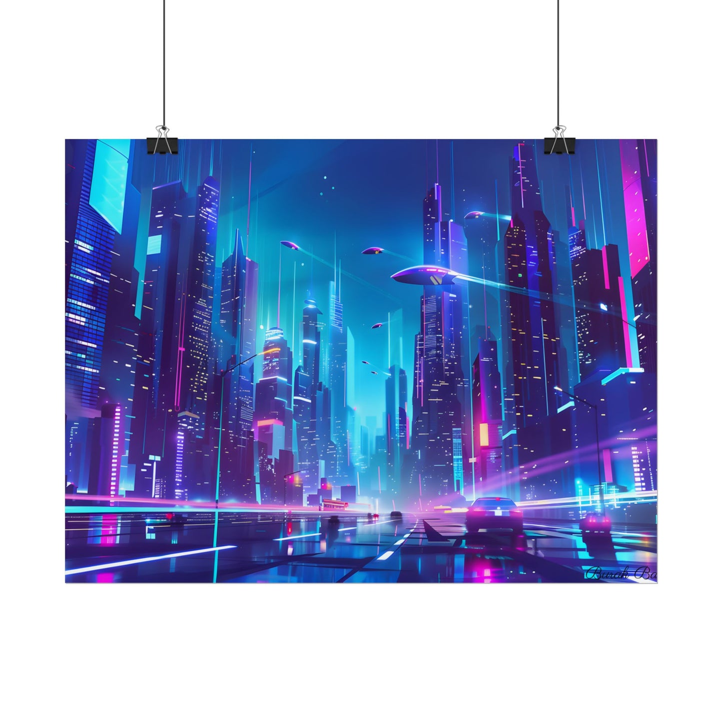 Futuristic Neon City: Towering Skyscrapers in a Vibrant Nighttime Sky - Poster