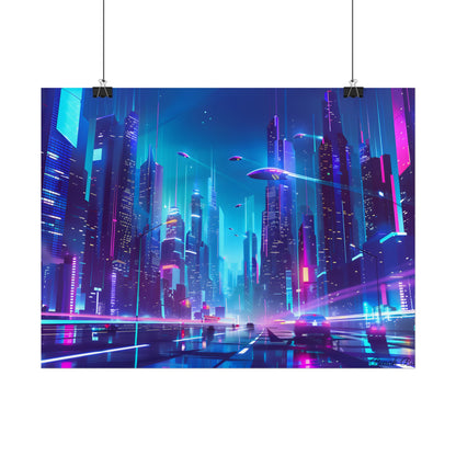 Futuristic Neon City: Towering Skyscrapers in a Vibrant Nighttime Sky - Poster