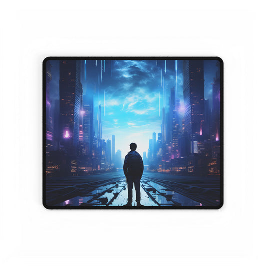 Cyberpunk Cityscape at Night: Melancholic Landscape Digital Art - Desk Mat