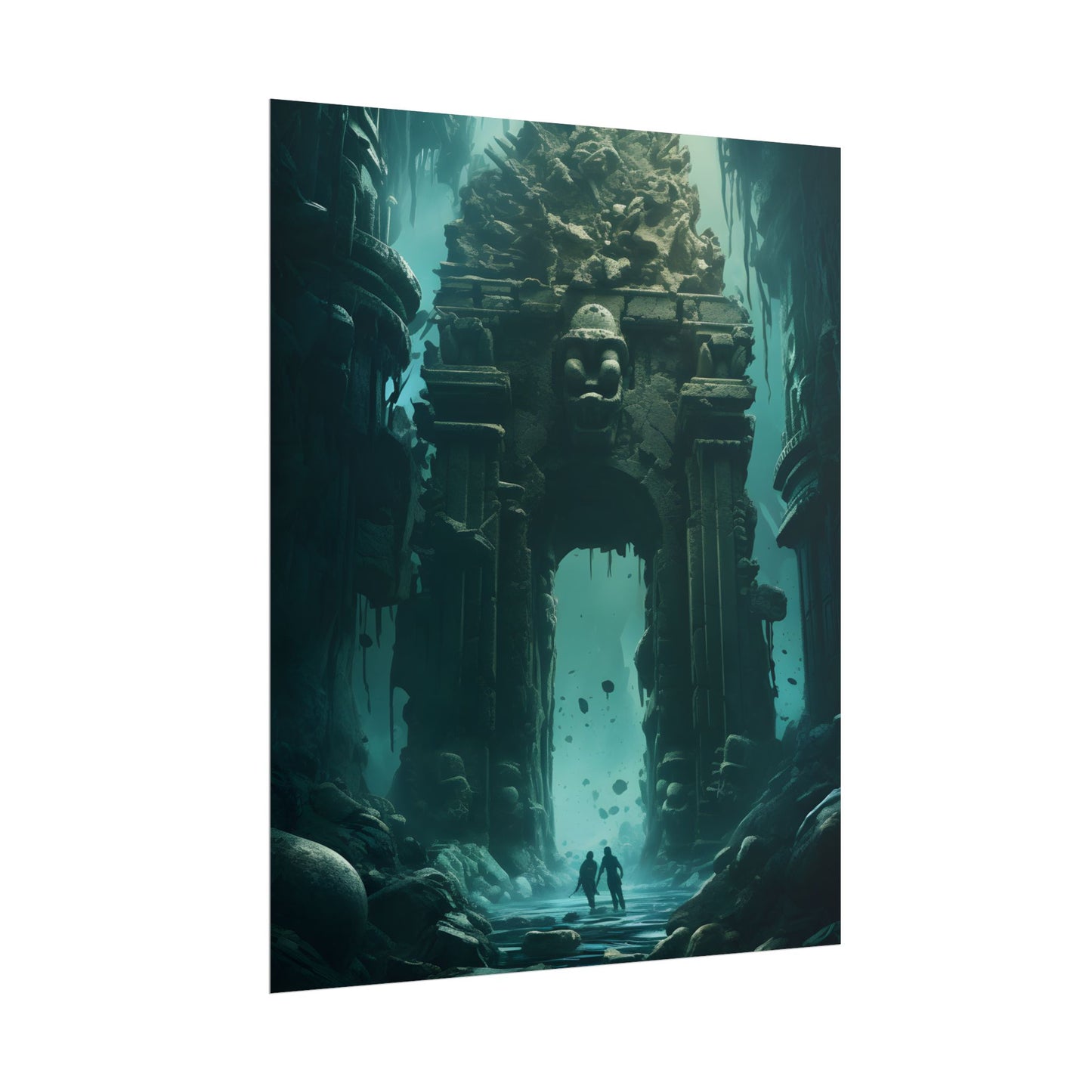 Lost Underwater Ancient City: Mysterious Blue Hues Art - Poster