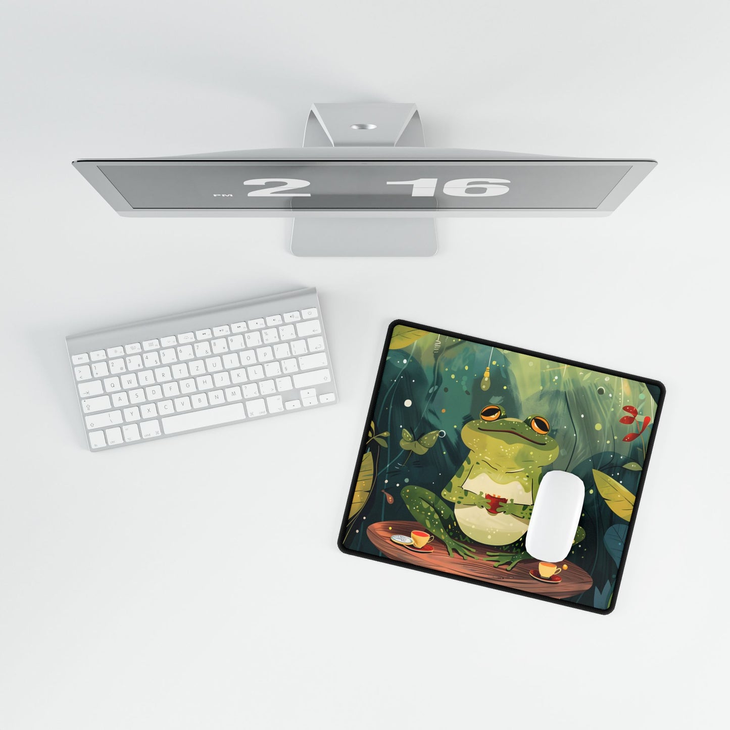 Whimsical Frog on Water: Playful Lily Pad Illustration - Desk Mat