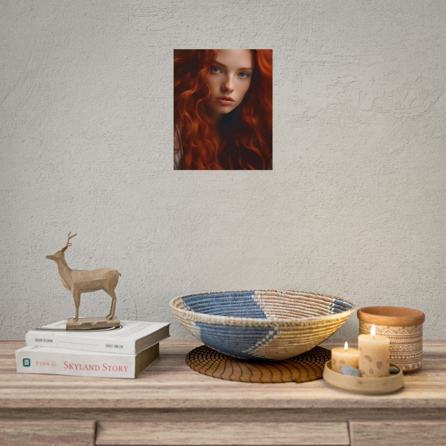 Feminine Portrait: Redheaded Woman in Light Blue - Poster