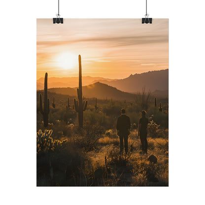 Desert Sunset Serenity: Two Friends Standing Together - Poster