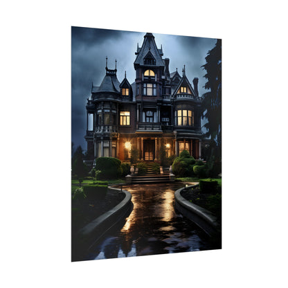 Haunted Victorian Mansion: Spooky Stormy Night Art - Poster