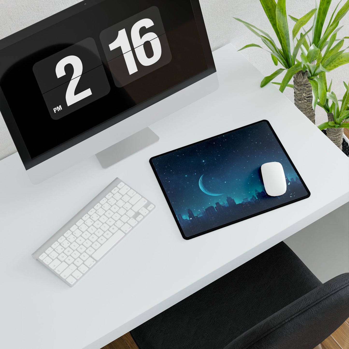 Starry Night Sky: Tranquil Dark Blue Scene with Crescent Moon - Desk Mat