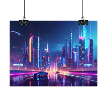 Futuristic City Glow: Neon Lights Digital Art - Poster