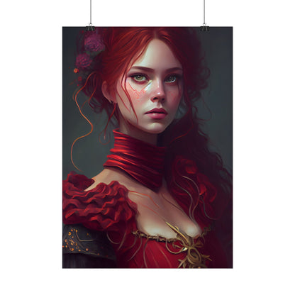 Vibrant Redhead Portrait: Female Artwork in Red Dress - Poster