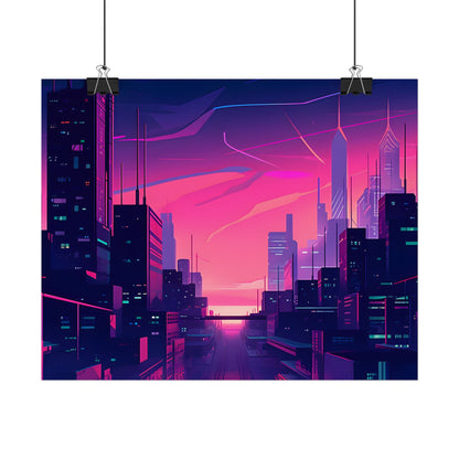 Melancholic Cyberpunk Cityscape: Neon Night Digital Art - Poster