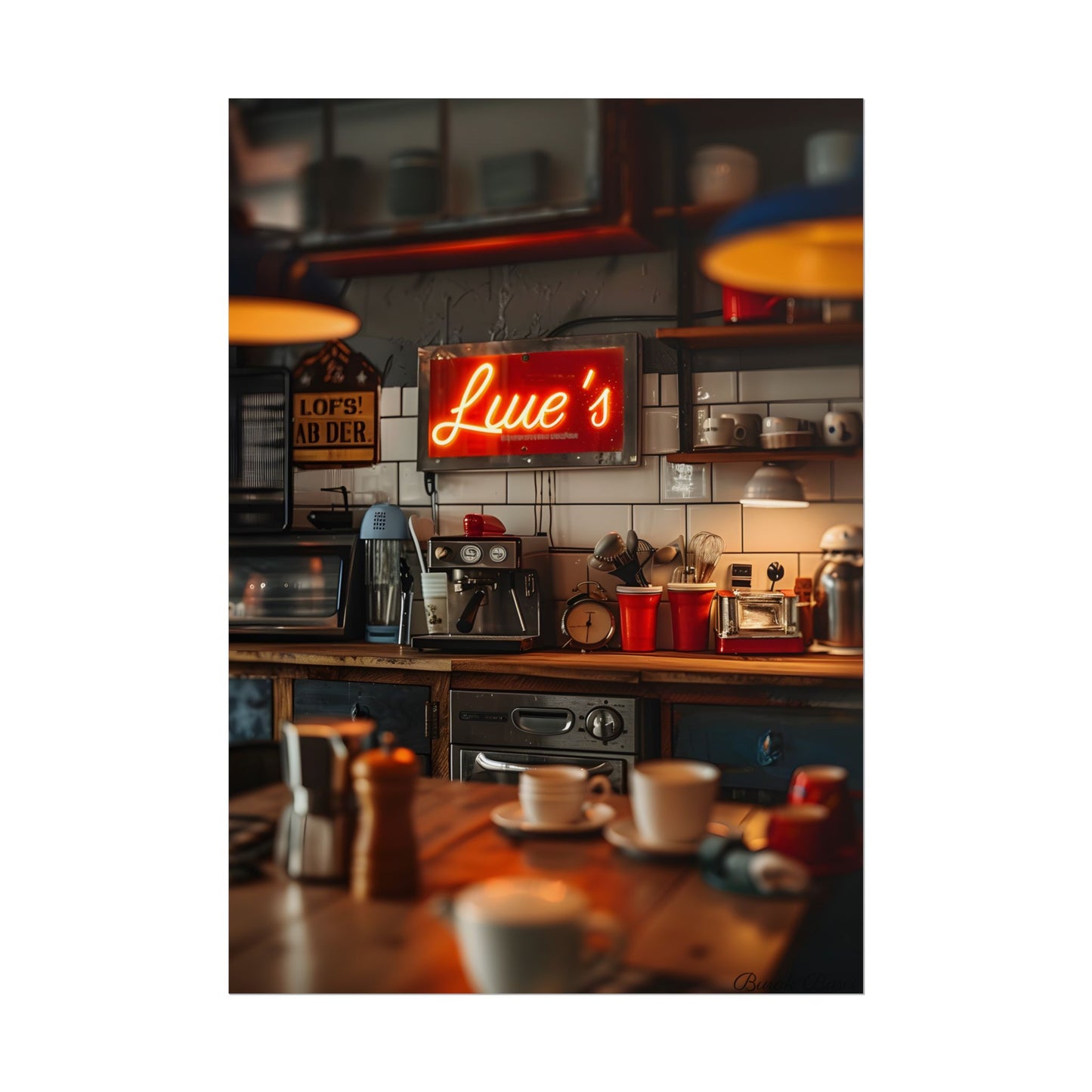 Cozy Retro Kitchen Artwork: Lukes Diner Sign Digital Art - Poster