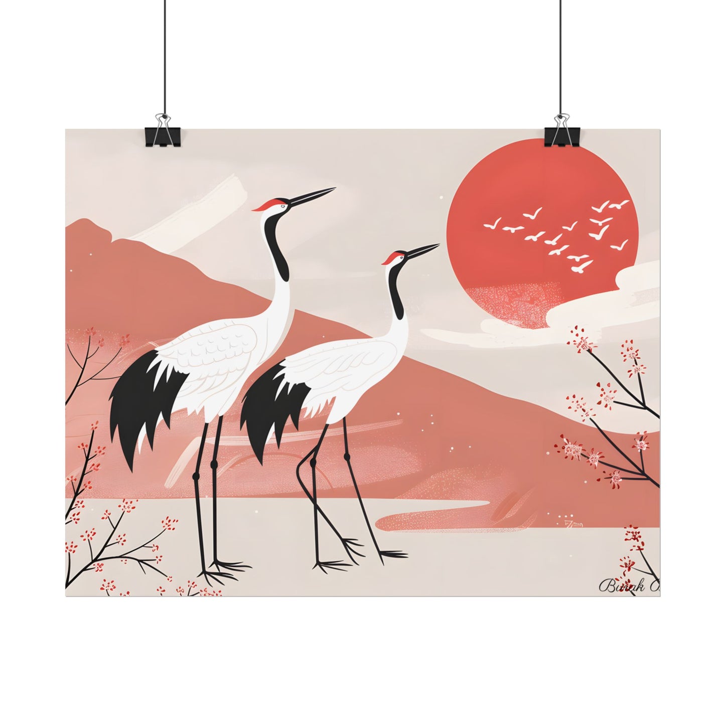 Serene Landscape with Cranes: Peaceful Nature Art - Poster