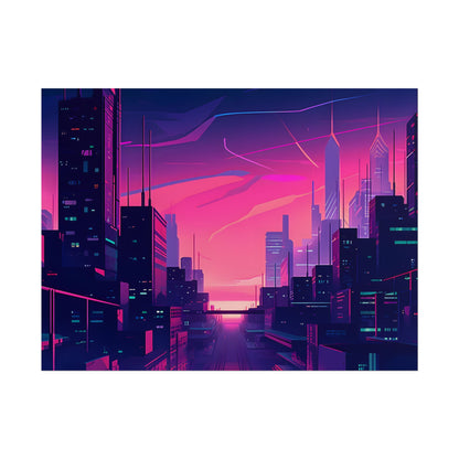 Melancholic Cyberpunk Cityscape: Neon Night Digital Art - Poster