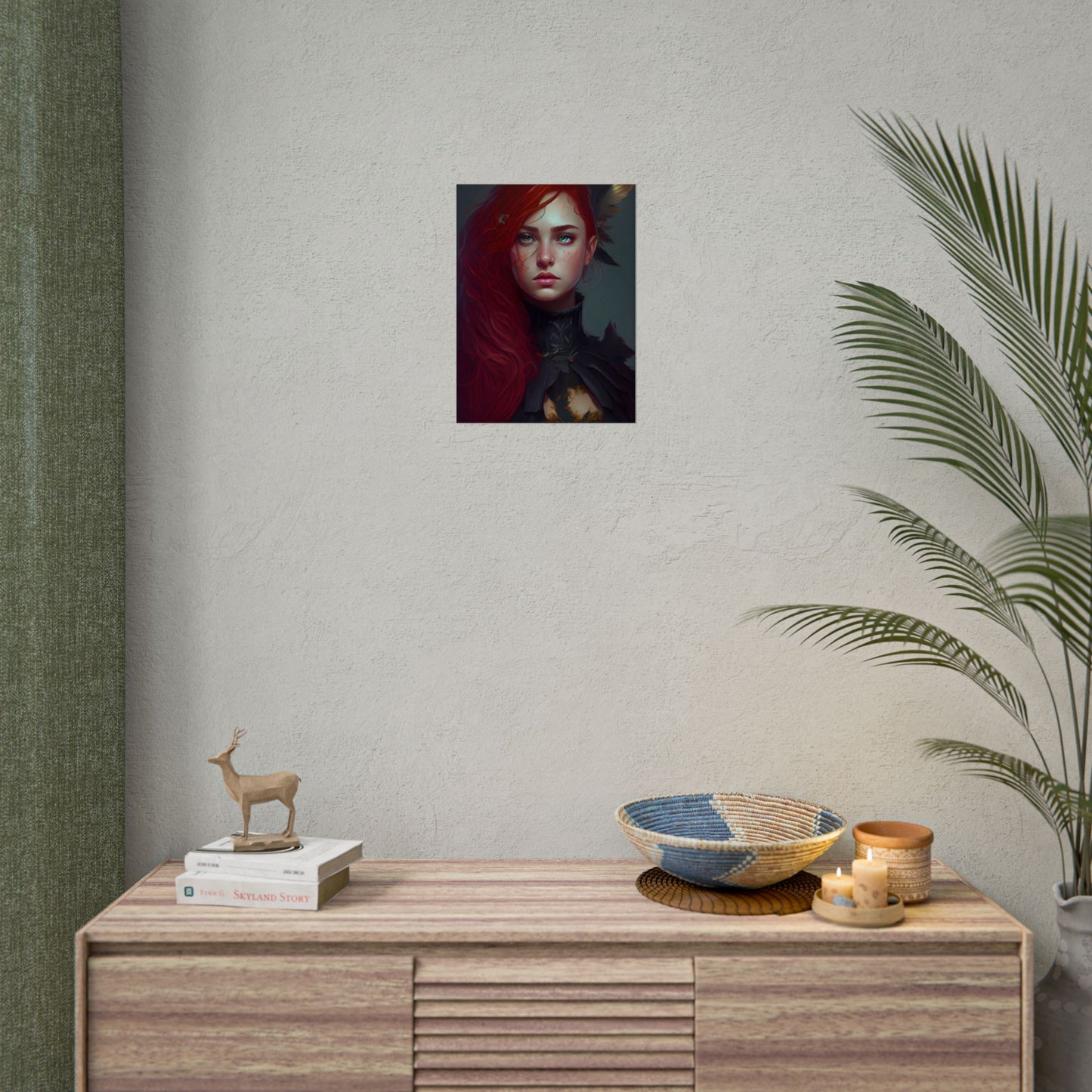 Vibrant Female Portrait: Red Hair Beauty in Neutral Dress - Poster