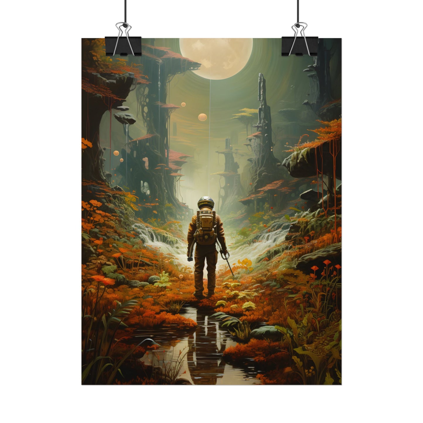 Futuristic Explorer in Wilderness: Digital Artwork - Poster