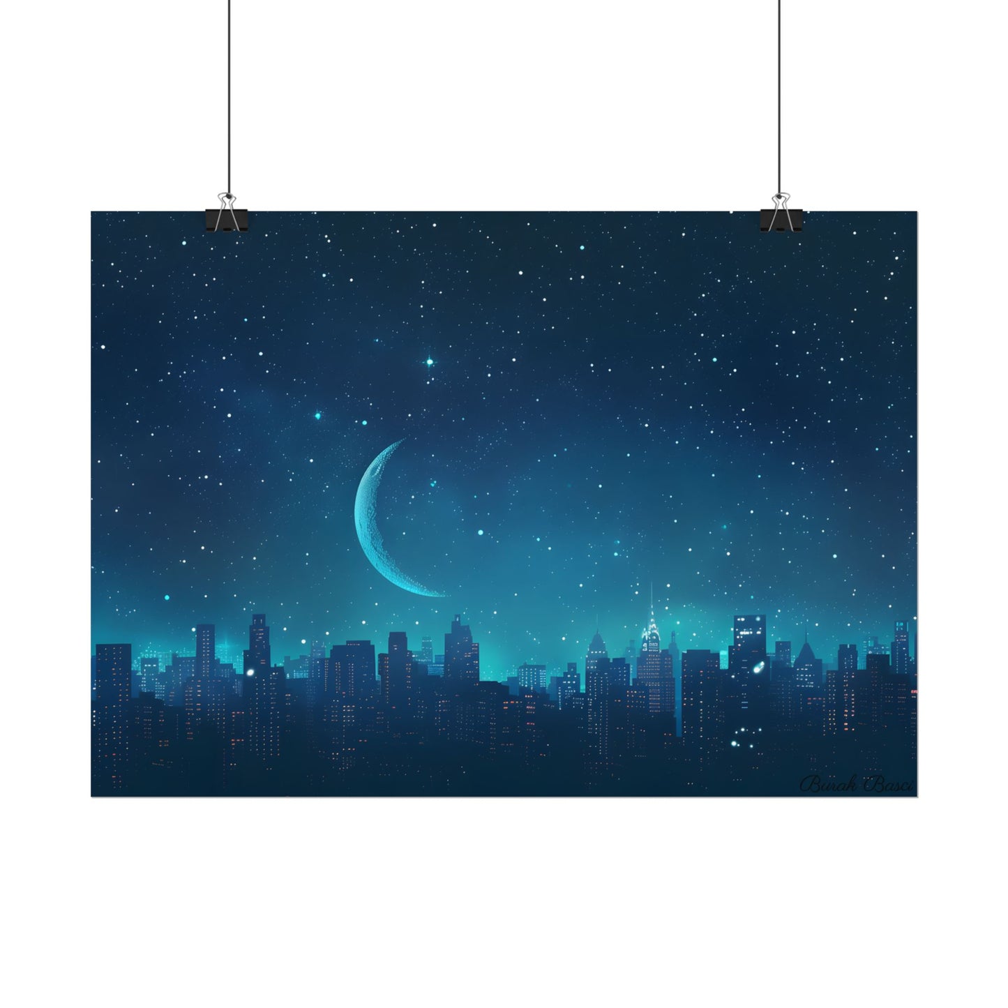 Starry Night Sky: Tranquil Dark Blue Scene with Crescent Moon - Poster