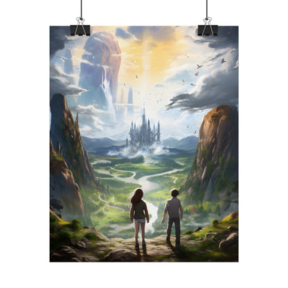 Girl and Boy in Serene Meadow: A Moment on Cloudy Hill - Poster