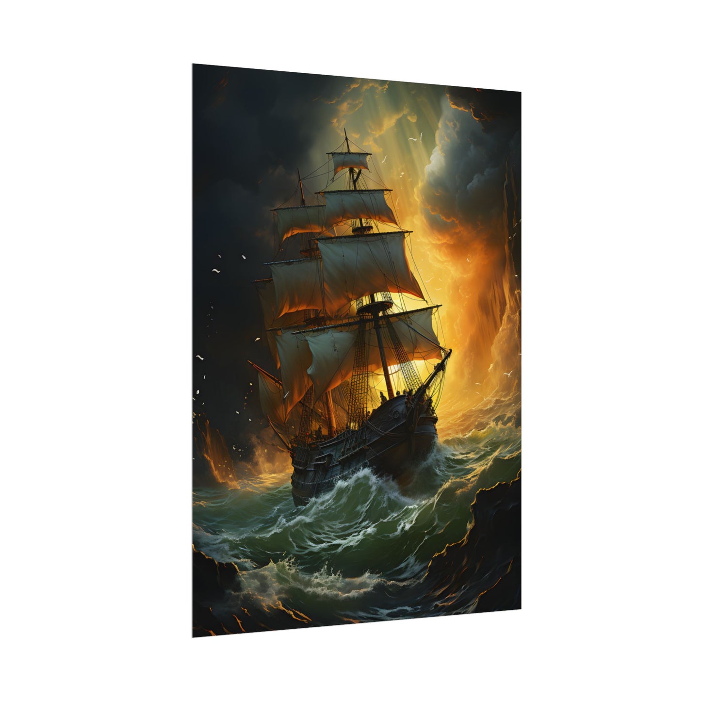 Mostly Green Seascape: Magnificent Oil Painting of a Ship - Poster