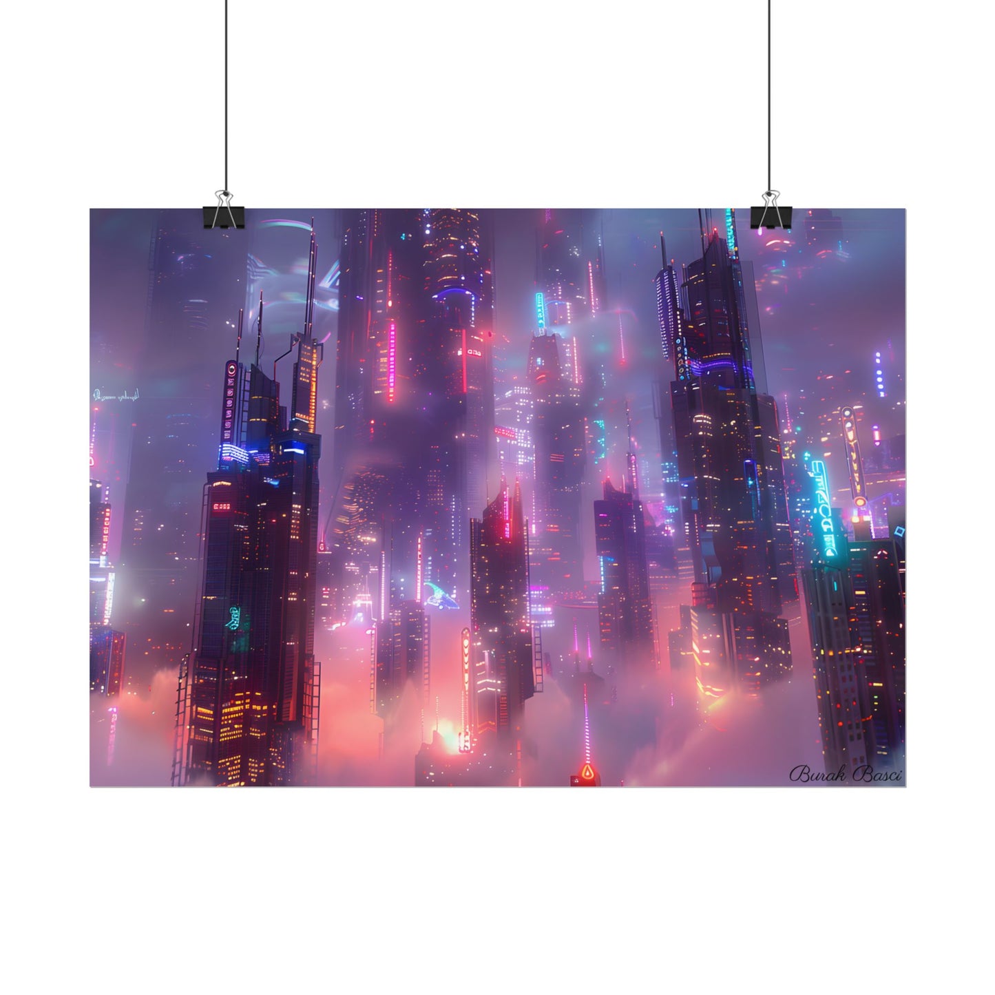 Neon Futuristic Cityscape: Graphic Modern Art - Poster