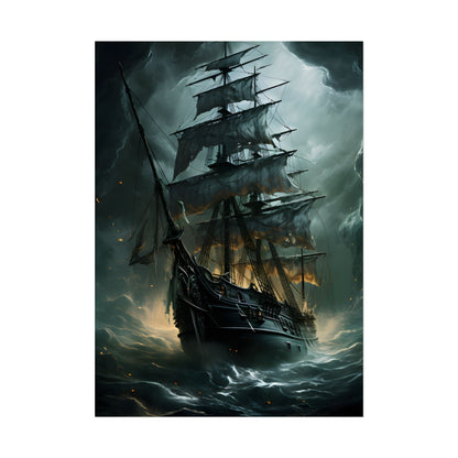 Ghostly Pirate Ship: Sailing Solo in Eerie Blue Skies - Poster