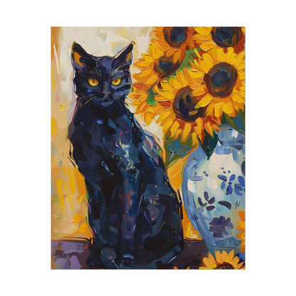 Whiskers by Sunshine: Black Cat in a Blooming Garden - Poster