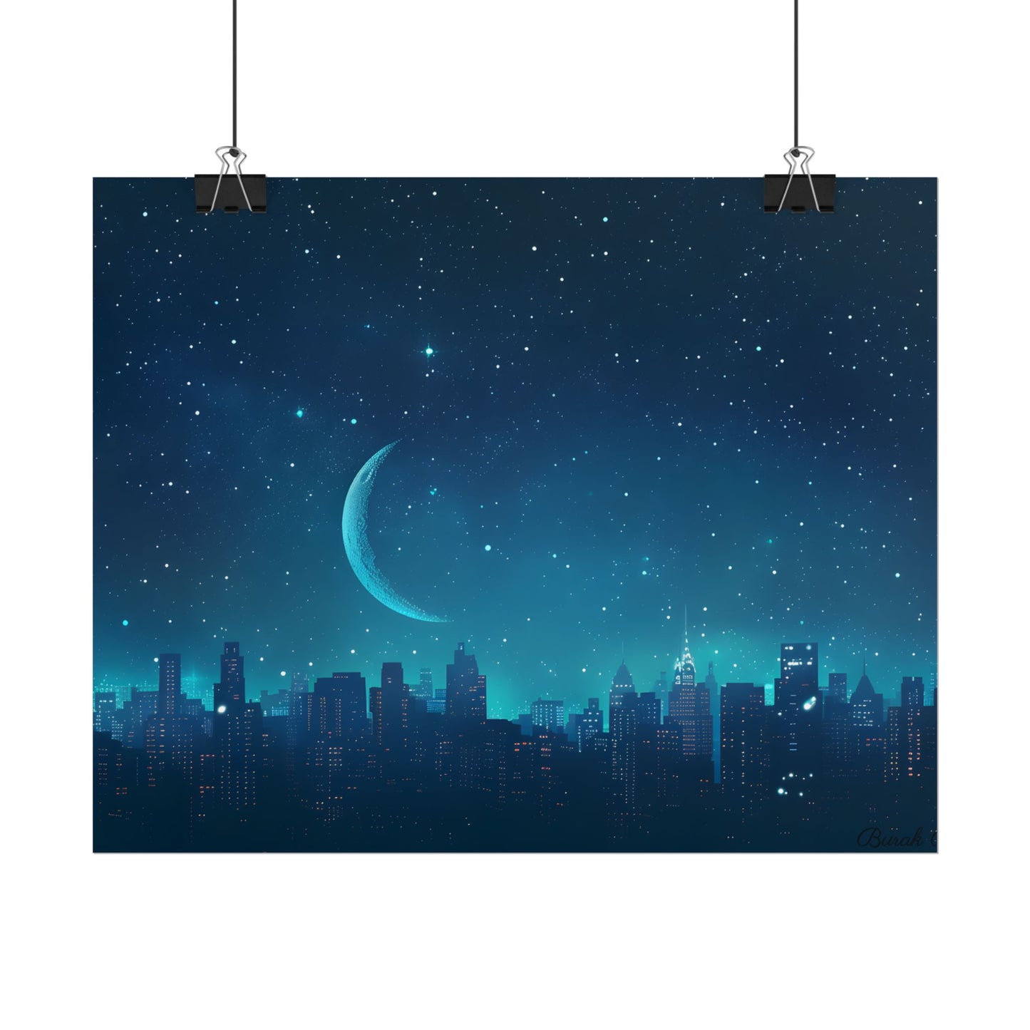 Starry Night Sky: Tranquil Dark Blue Scene with Crescent Moon - Poster