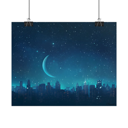 Starry Night Sky: Tranquil Dark Blue Scene with Crescent Moon - Poster