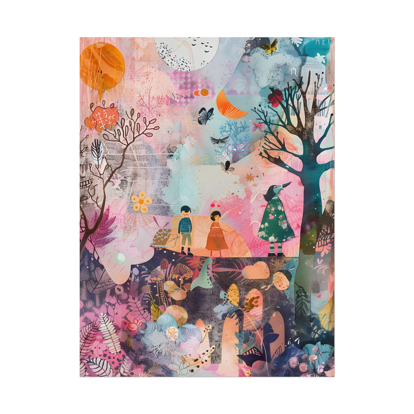 Colorful Whimsy: Blue Fish, Yellow Bird, Pink Cat Art Collage - Poster