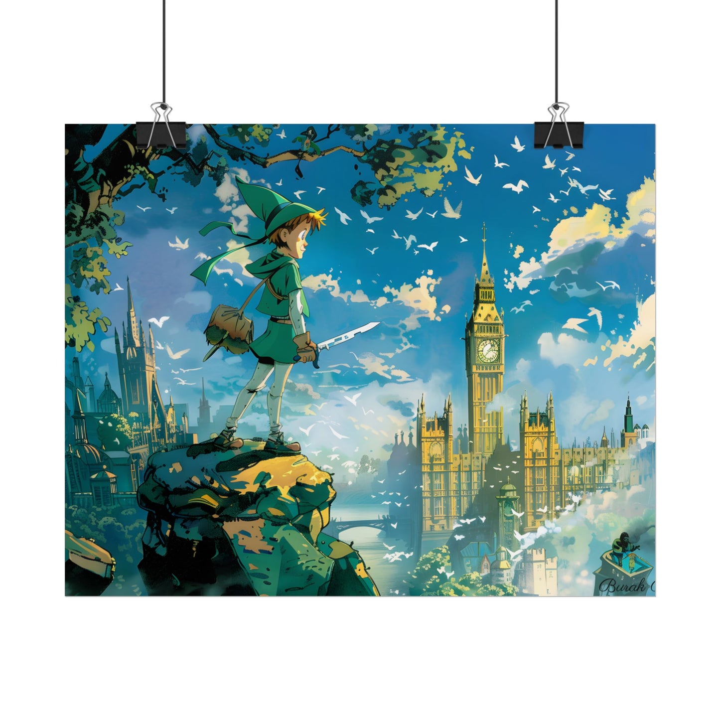 Whimsical Boy in Green: Colorful Illustration Artwork - Poster