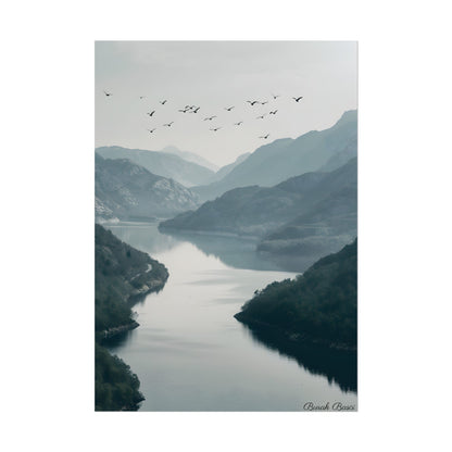 Peaceful Mountain Oasis: Serene Birds Eye View Artwork - Poster