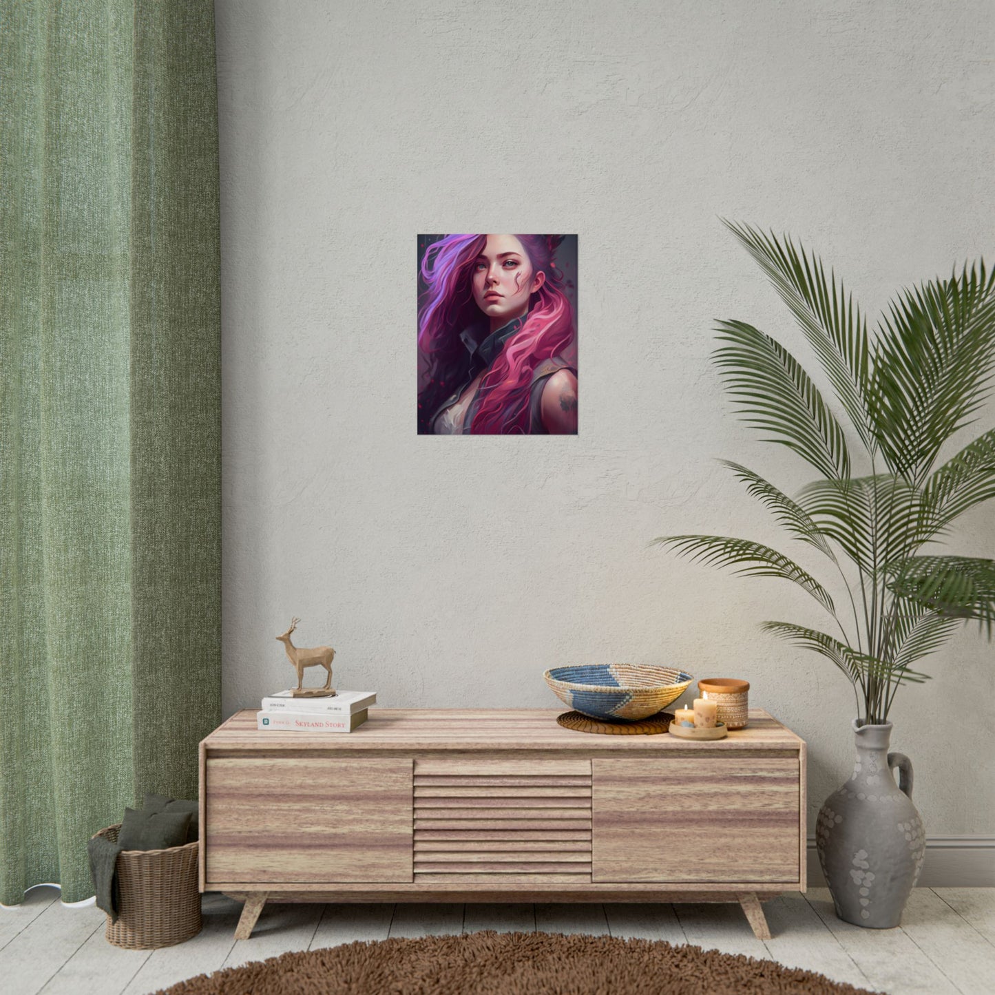 Astonishing Female Portrait: Stylized Pink Hair Artwork in Dre - Poster