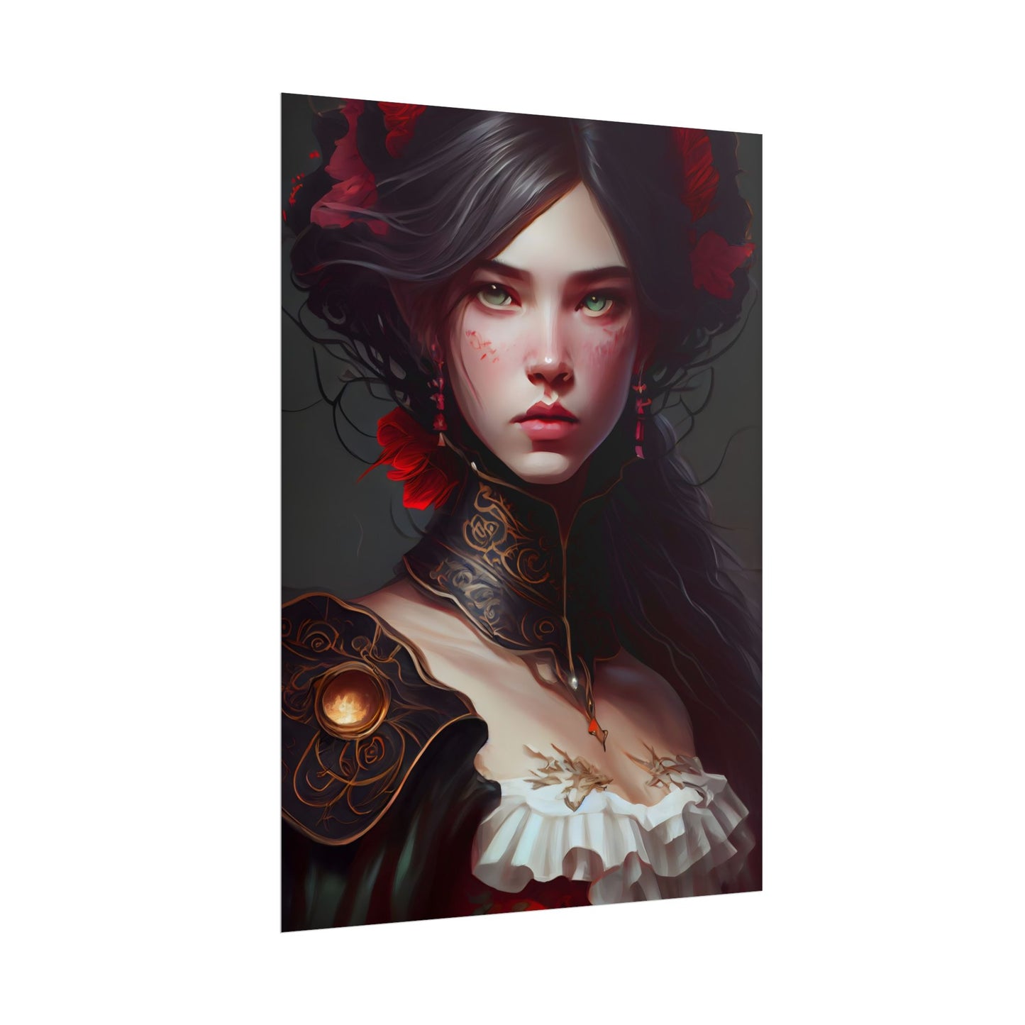 Elegant Black Hair Portrait in White Dress - Poster