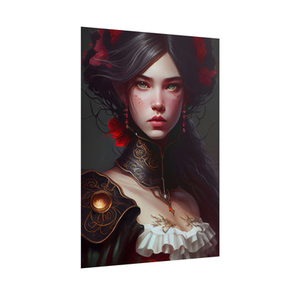 Elegant Black Hair Portrait in White Dress - Poster