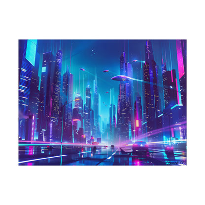 Futuristic Neon City: Towering Skyscrapers in a Vibrant Nighttime Sky - Poster