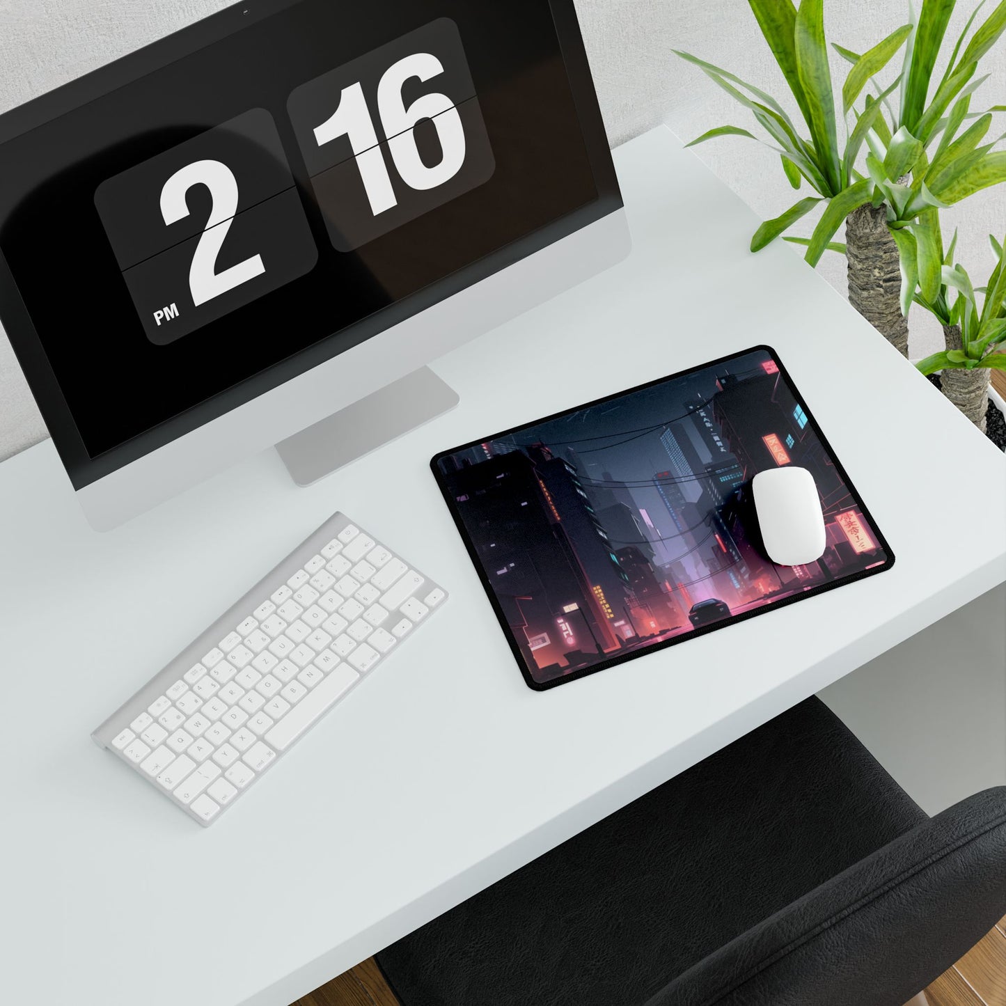Cyberpunk Night: Melancholic Urban Landscape Artwork - Desk Mat
