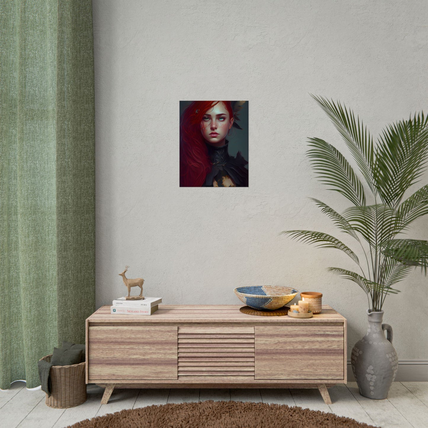Vibrant Female Portrait: Red Hair Beauty in Neutral Dress - Poster