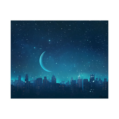 Starry Night Sky: Tranquil Dark Blue Scene with Crescent Moon - Poster