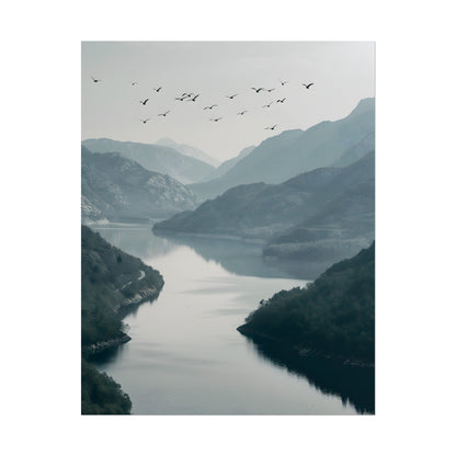 Peaceful Mountain Oasis: Serene Birds Eye View Artwork - Poster