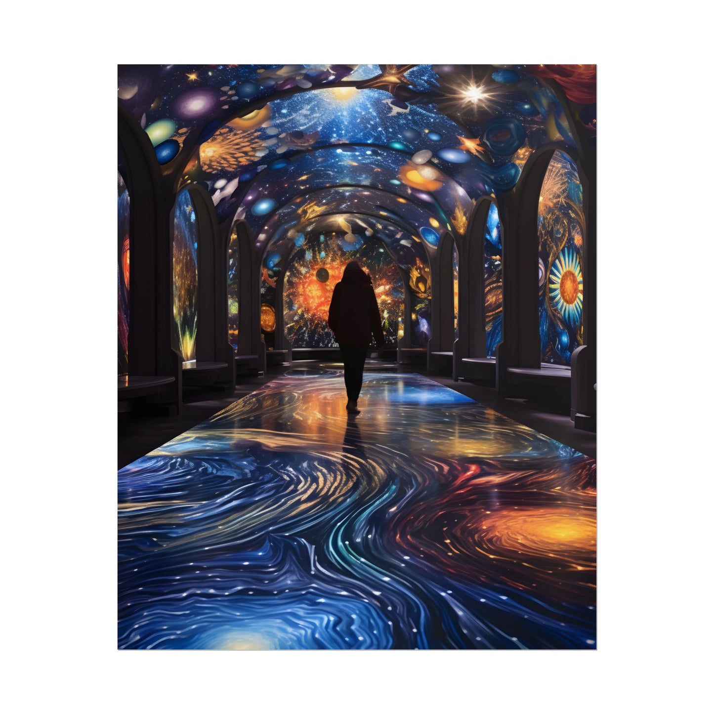 Celestial Art Gallery: Vibrant Space-Themed Artwork in a Colorful Interior - Poster