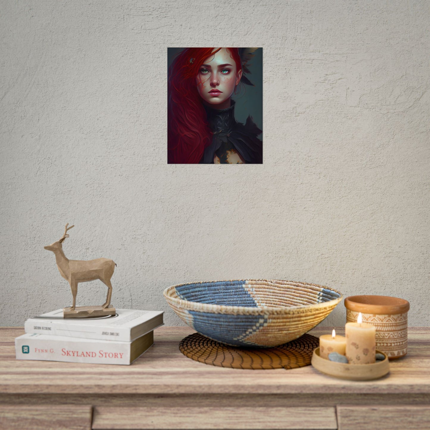 Vibrant Female Portrait: Red Hair Beauty in Neutral Dress - Poster