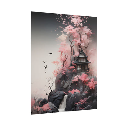 Ash Magenta Masterpiece: Rugged Landscape with Moss Green Forest - Poster