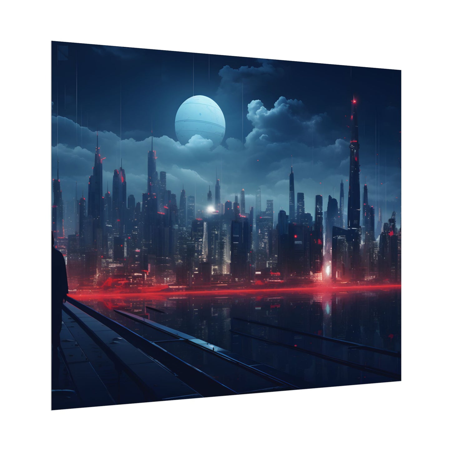 Melancholic Night: A Solo Figure in Cyberpunk Cityscape - Poster